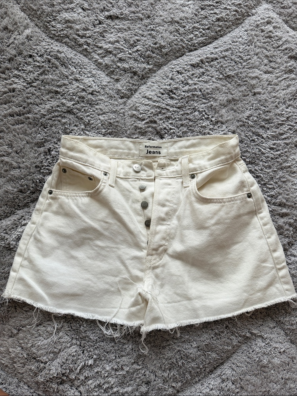 Reformation Cream Raw-Hem Button-Front Denim Shorts